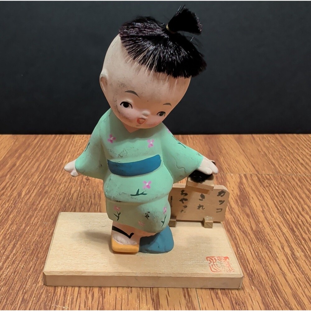 ​Vintage Japanese Clay Figurine Boy Topknot Hair Green Kimono Signed Base 4"